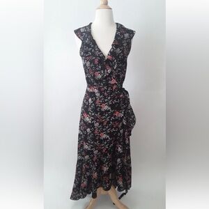 Max Studio Floral Wrap Maxi Dress Size S Black Pink White Boho Ruffle Tie Waist